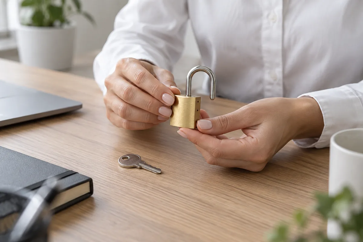 Mains tenant un cadenas en laiton ouvert au-dessus d&rsquo;un bureau, une clé posée à côté