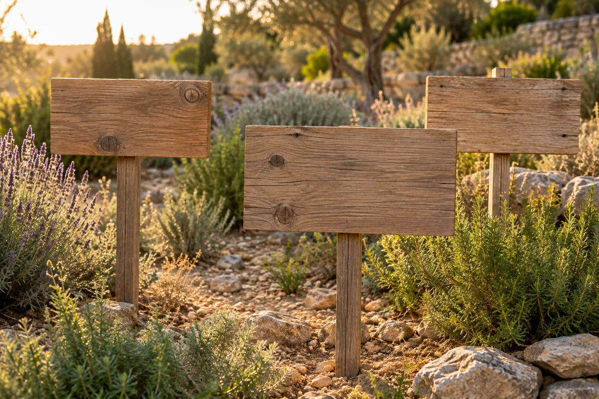 Trois pancartes en bois vierges plantées dans un jardin sec méditerranéen