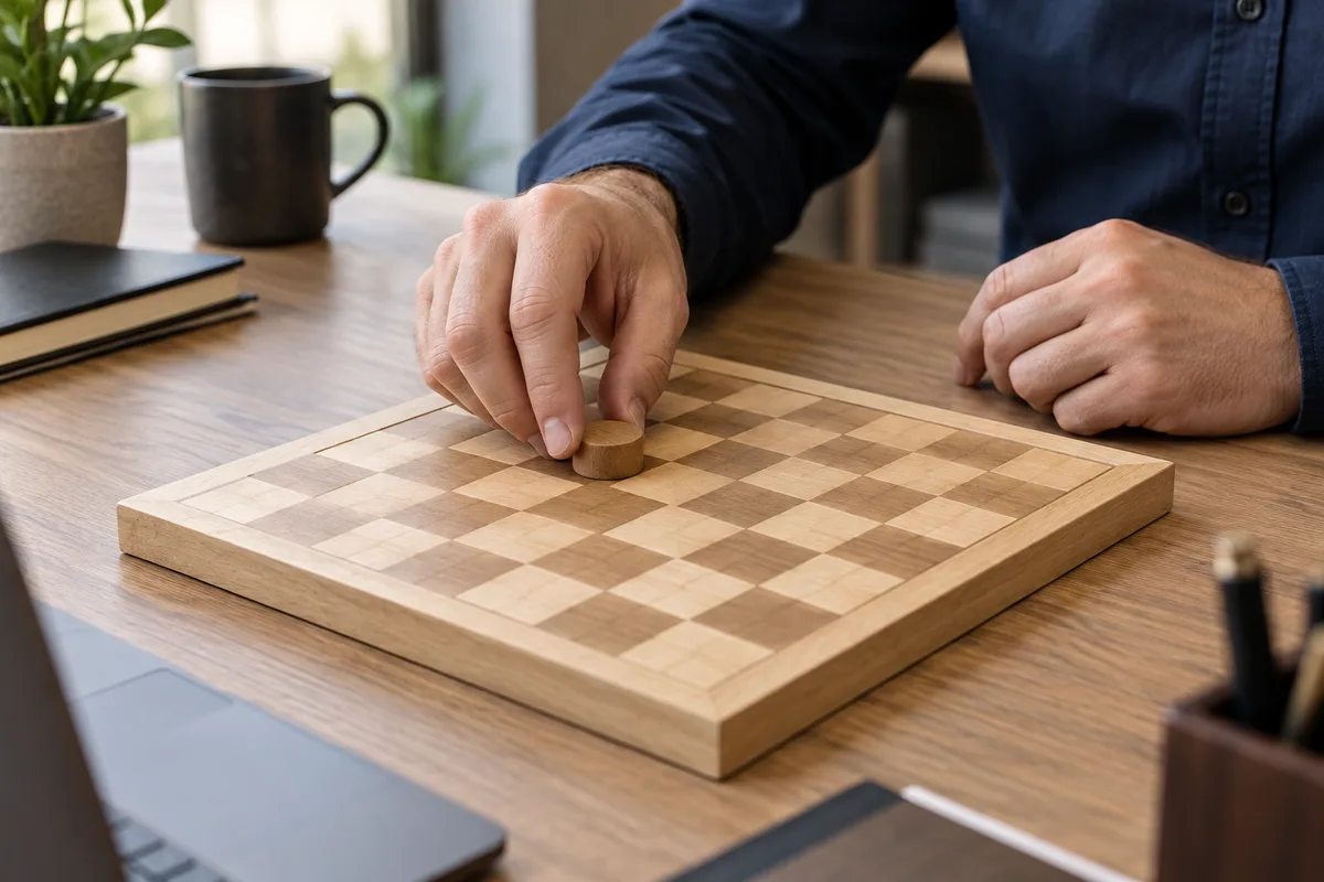 Mains d’un homme en chemise bleu marine posant un petit jeton de bois sur une case d’un damier en bois clair