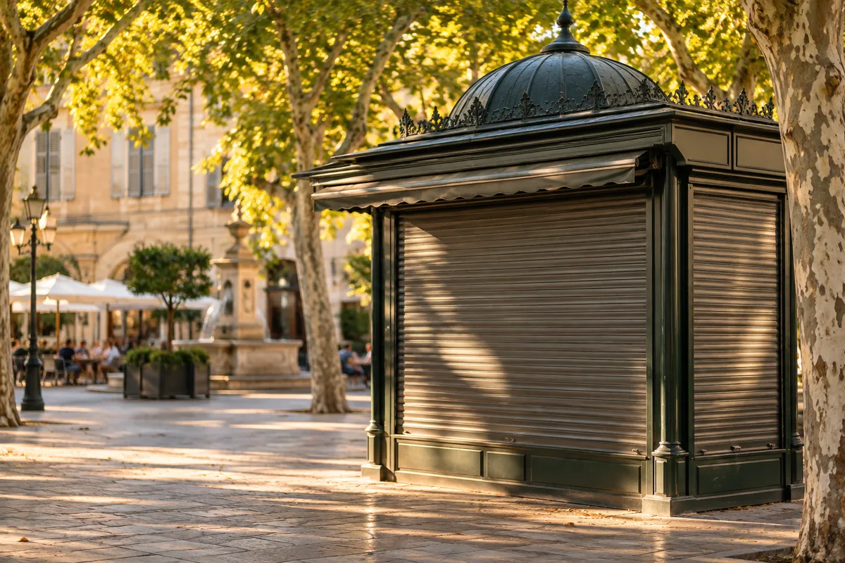 Kiosque à journaux fermé aux volets métalliques unis sur une place ombragée de platanes