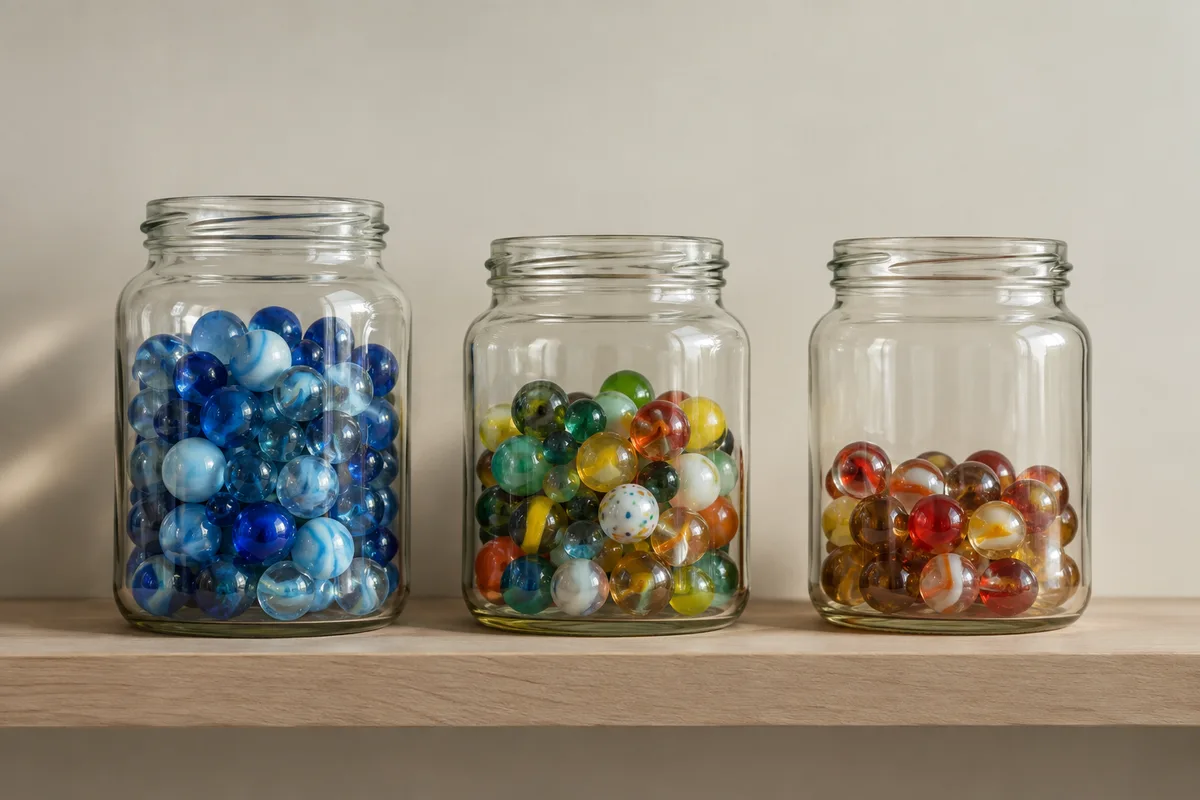 Trois bocaux en verre alignés sur une étagère, remplis de billes de couleurs différentes à des hauteurs différentes