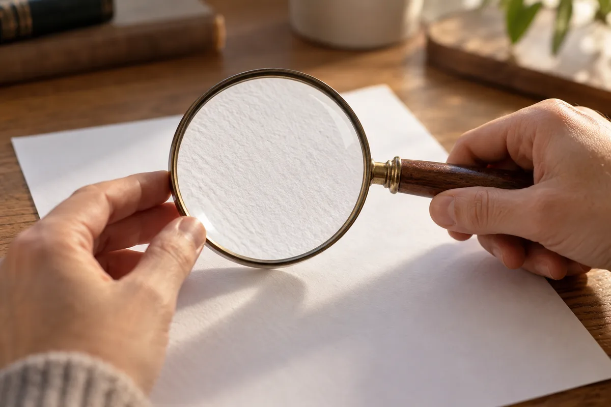 Mains tenant une loupe au-dessus d’une feuille blanche posée sur un bureau en bois