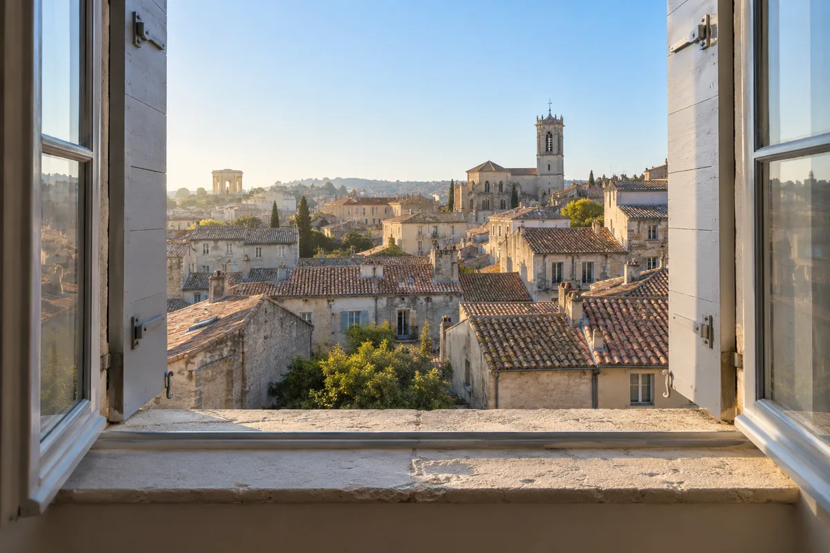 Fenêtre ouverte sur les toits de tuiles de Montpellier dans la lumière du matin