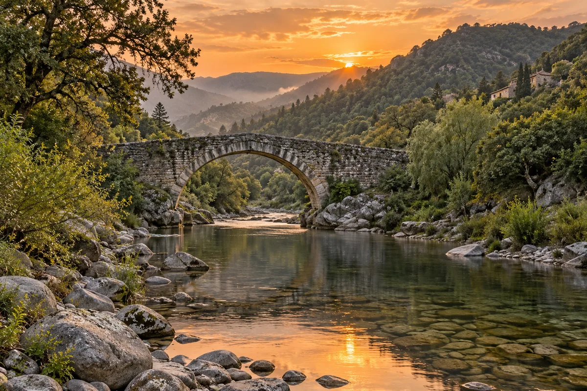 Pont de pierre sur une rivière des Cévennes en fin de journée