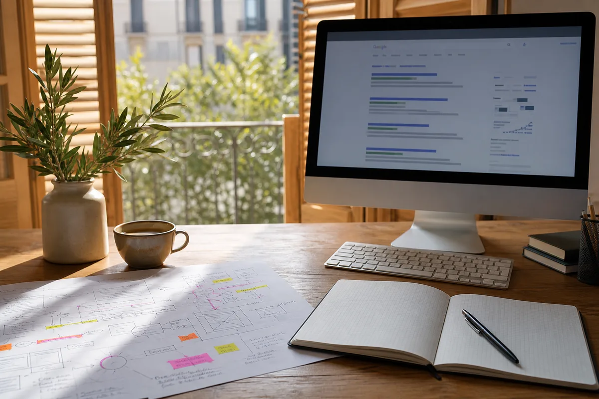 Bureau de travail avec un plan d&rsquo;audit annoté et un écran affichant une page de résultats