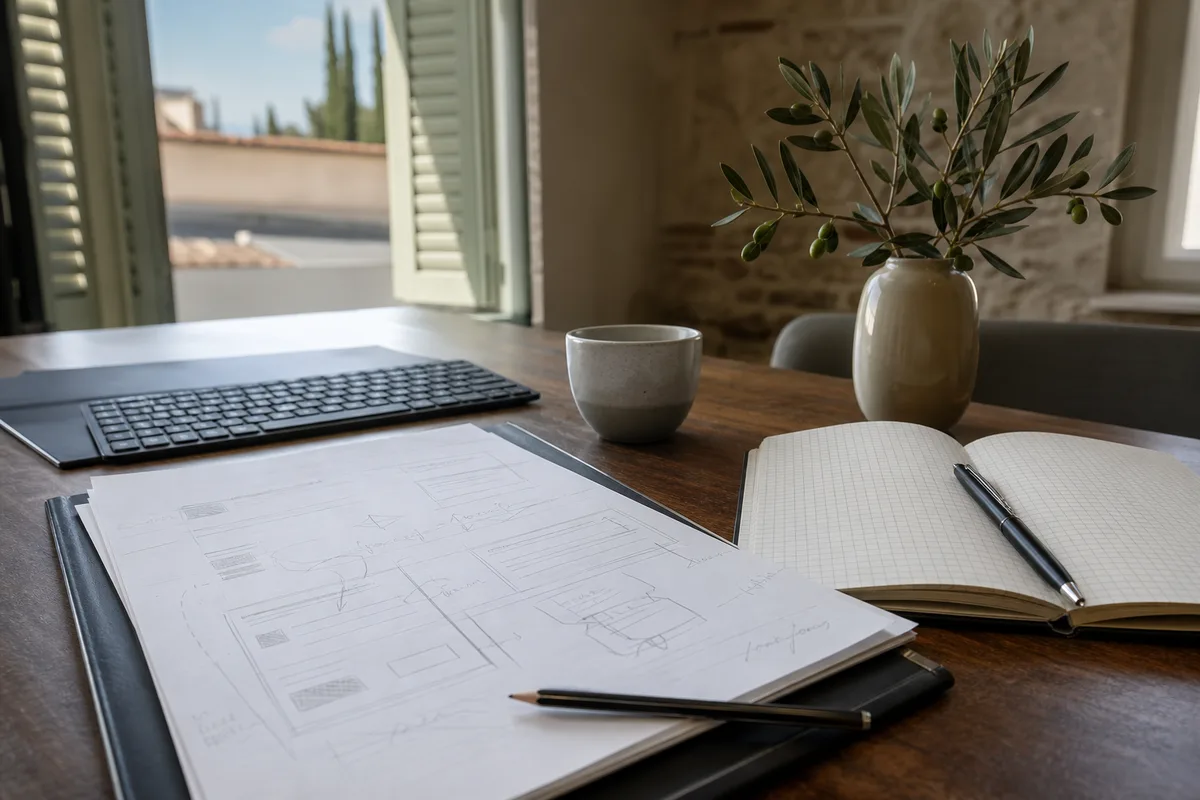 Document de proposition commerciale annoté au crayon sur une table de réunion