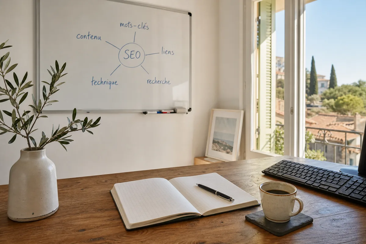 Tableau blanc où sont notés les mots-clés de base du référencement naturel