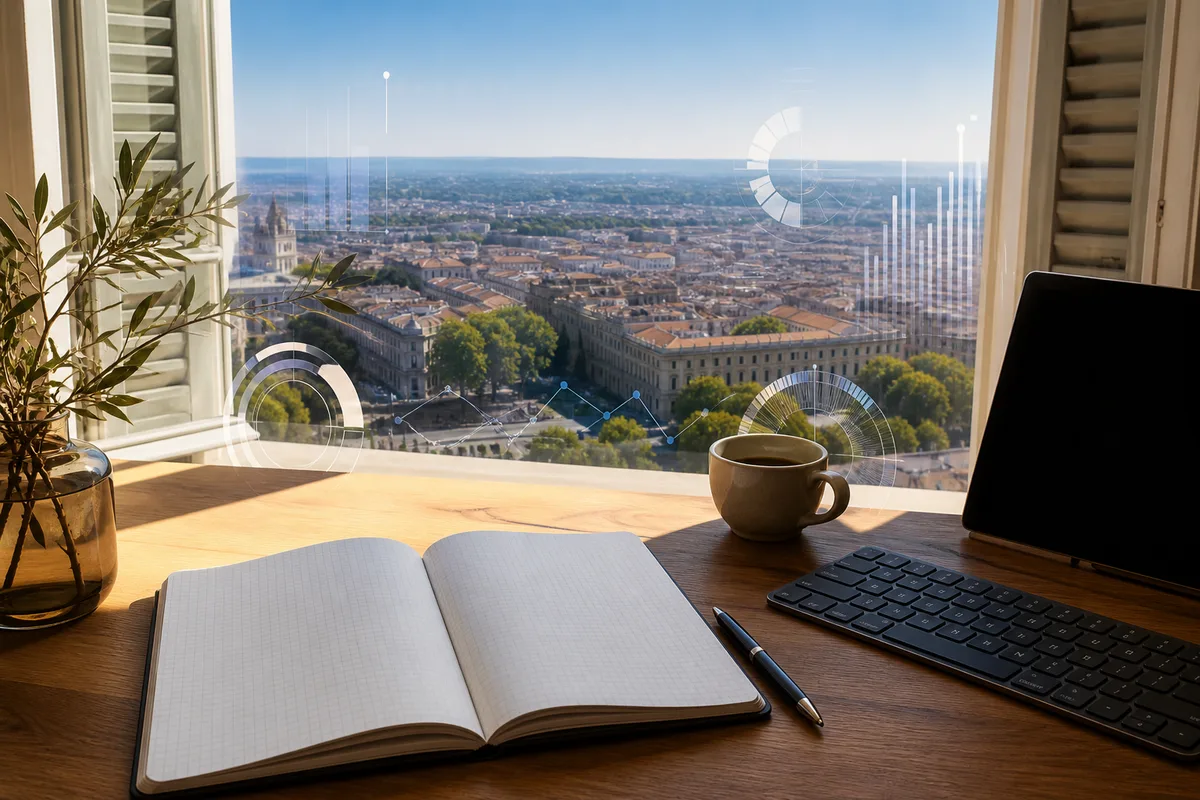 Vue aérienne stylisée de Montpellier avec des indicateurs de performance superposés