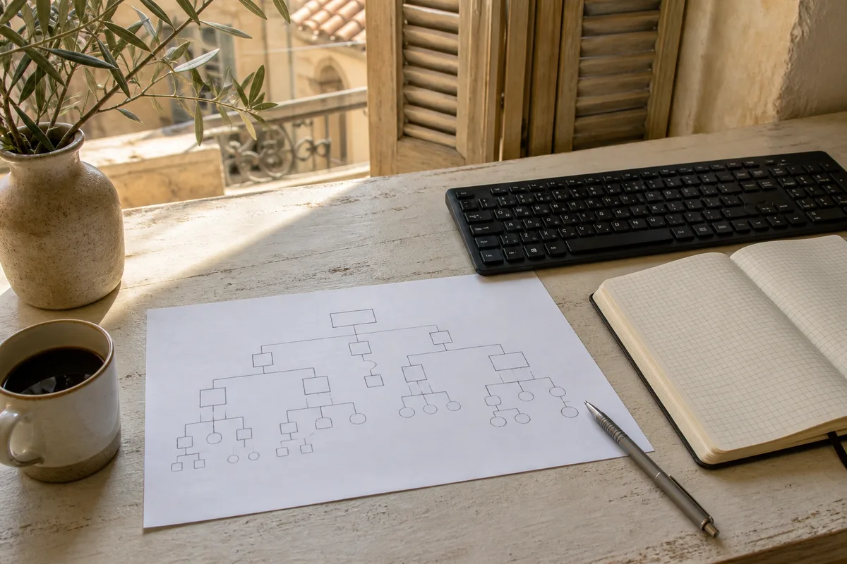 Plan de site dessiné à la main montrant l&rsquo;arborescence des pages d&rsquo;un site local